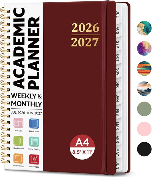 8.5" x 11" Academic Planner 2026-2027, Weekly & Monthly Calendar Planner Book, July 2026 – June 2027, Large Hardcover Organizer with Tabs, Perfect for Teachers, Students, Women & Men – A4, Burgundy