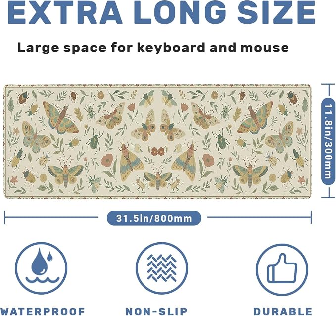 Vintage Insects Desk Mat Gaming Large Mouse Pad Moth Beetle Botanical Nature Mousepads Computer Keyboard Pad Mouse Mat Laptop Mat 31.5 x 11.8 Mouse Pads for Desk Home Office Gaming