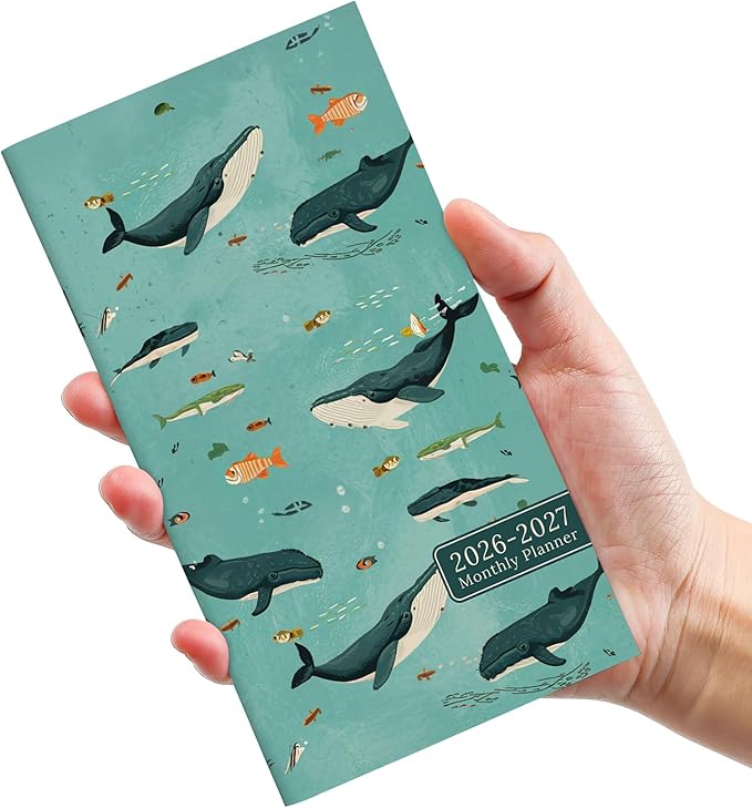 Pocket Calendar 2026-2027 for Purse, Two Year Monthly Planner Pocket Size 6.5" x 3.5", Jan 2026 - Dec 2027 Monthly Planner Small Calendar for School, Work and Home - Depths Whale