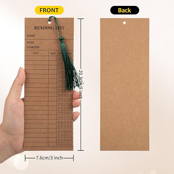 100 Pieces Reading List Bookmark with Tassels, 3 x 8 Inch Kraft Personal Libraries Cards 20 Pieces Tassels for Reading Lovers Kids Students Teachers(Brown)