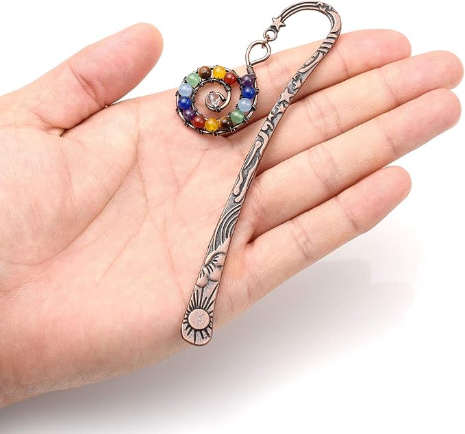Jovivi 5pcs Antique Copper Metal Bookmark Beading Bookmarks with Handmade 7 Chakra Healing Crystals Tree of Life Tumbled Gemstones Assorted Beads