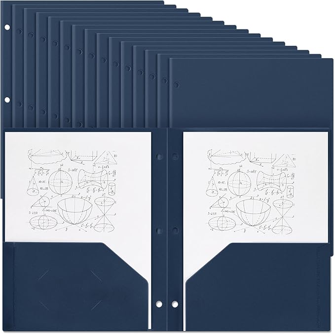 Yeaqee 50 Pcs Plastic Folders with Pockets Bulk 3 Hole Punched 2 Pocket File Folders for 3 Ring Binder Divider Folder for Notebooks, Durable Poly for Office Home (Navy Blue)