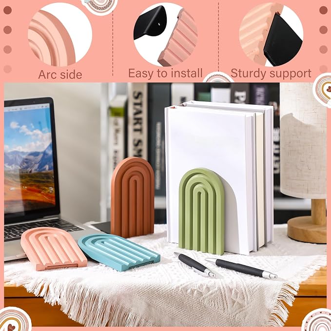 Harloon 4 Pcs Boho Arch Wooden Bookends, Decorative Rainbow Book Stoppers with Non-Slip Metal Base, 5x3x4 Inches, Cute Shelf Decor for Heavy Books, Home Office Study Desk Organizer(Bright Color)