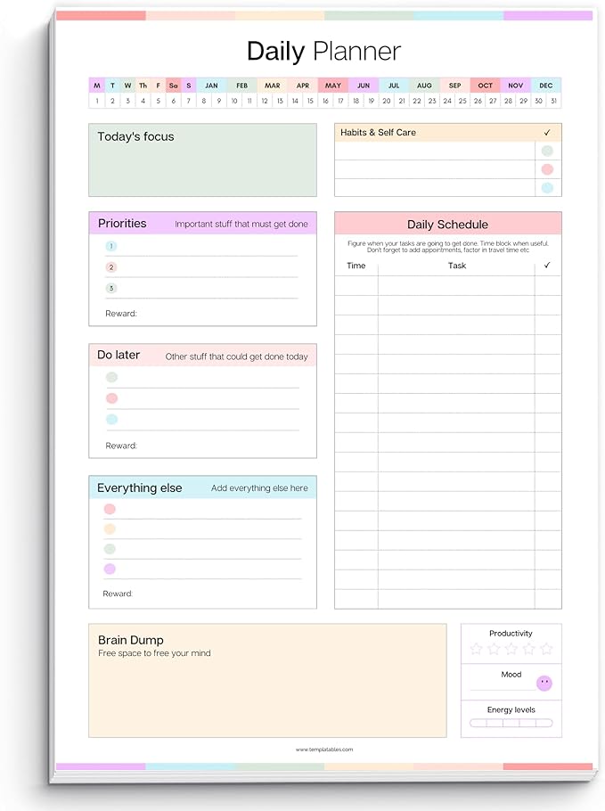 ADHD Daily Planner Notepad for Neurodivergent Adults - Productivity Daily Planner Desk Pad & Task Management to Stay Organized and Focused Note Pad (Rainbow, A4 Portrait)