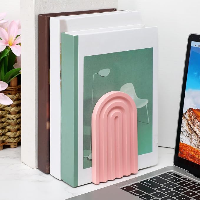 Harloon 4 Pcs Boho Arch Wooden Bookends, Decorative Rainbow Book Stoppers with Non-Slip Metal Base, 5x3x4 Inches, Cute Shelf Decor for Heavy Books, Home Office Study Desk Organizer(Pastel Color)