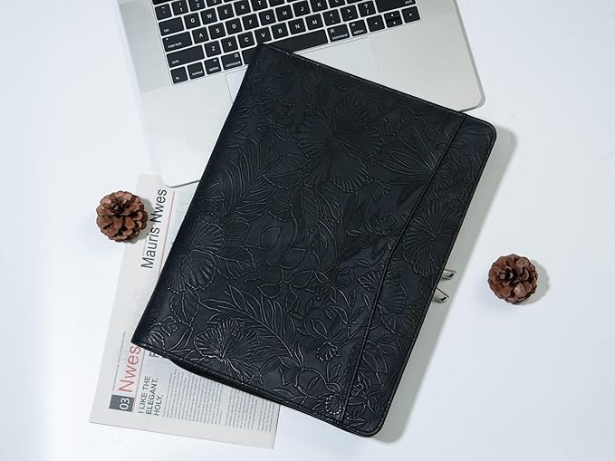 AZXCG Leather Portfolio with Zipper, Embossed PU Leather Padfolio Folio, Professional Business Document Organizer with A4 Letter Sized Writing Pad Holder(Black)