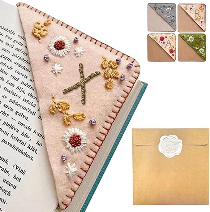 Personalized Hand Embroidered Corner Bookmark, 26 Letters Hand Stitched Felt Corner Letter Bookmark, Cute Flower Embroidery Bookmarks for Book Reading Lovers Meaningful Gift（Spring，X