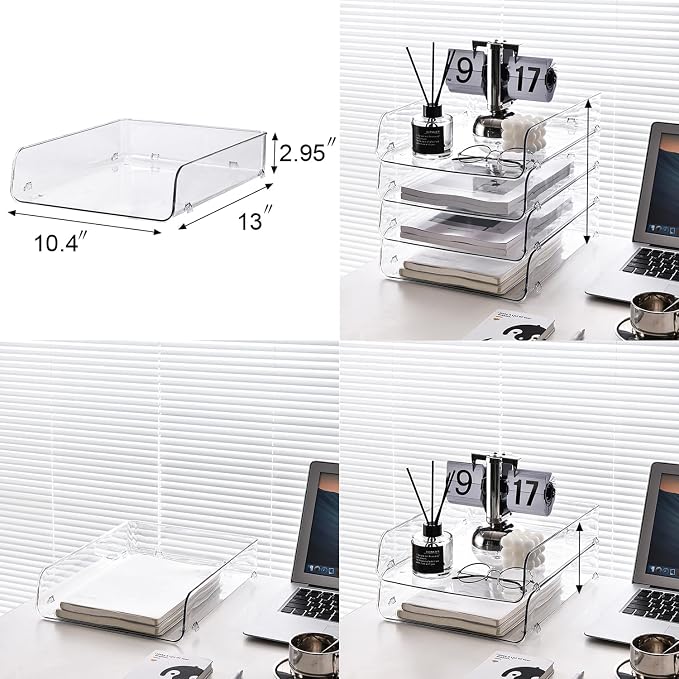 Gagee 4 Pack Paper Organizer for Desk,Clear Stackable Paper Sray Holder, Office Desk Organizer for Notes, Pens, File, Document