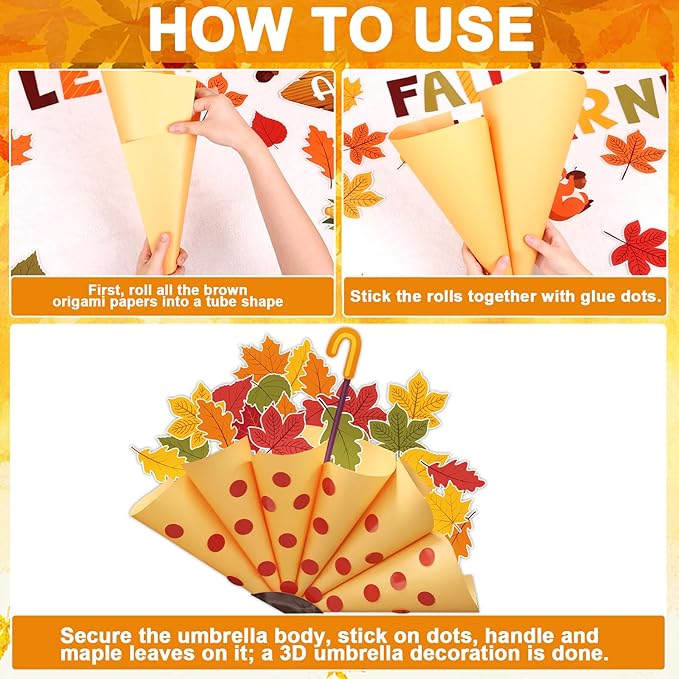 3D Fall Bulletin Board Set Autumn Classroom Decorations Umbrella Cutouts Fall in Love with Learning Paper Cutouts 101Pcs for Thanksgiving School Chalkboard Home Wall Door Teacher Supplies