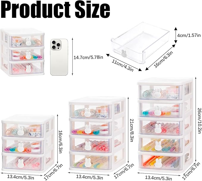 Desk Organizer with Drawer, Stackable Makeup Organizer White, Small Plastic Storage Box for Desktop, Bathroom Counter or Dresser, School, Home, Office (3 Tier)