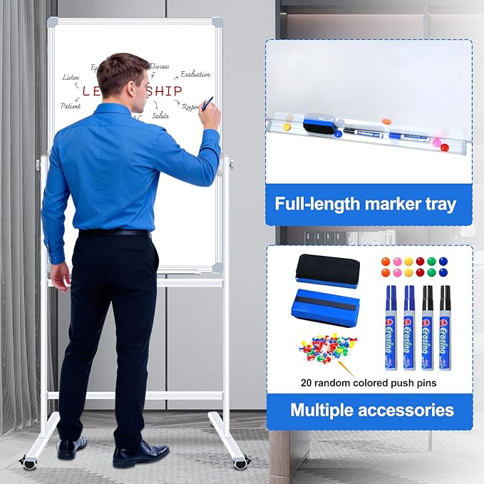 Max-officoo 30"x40" Double Sided Whiteboard & Cork Board on Wheels Adjustable Height & Angle Mobile Magnetic Dry Erase Board with Rolling Stand