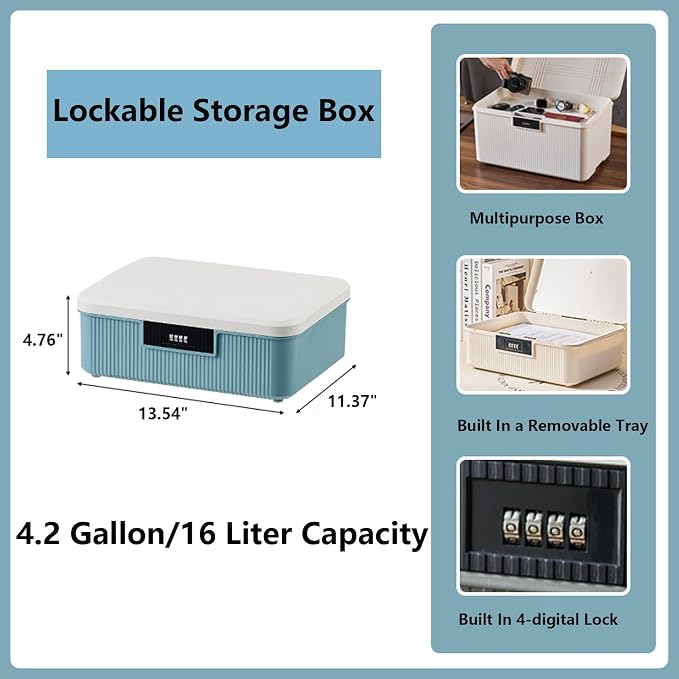 Lockable Storage Container Bin with Combination Lock - 4.2 Gallon Capacity Organizer Box & Plastic Trunk for Office/Home Security | Heavy Duty ABS Storage Box, White&Blue