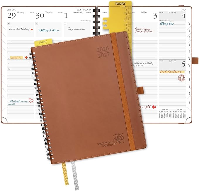 POPRUN Planner 2026-2027 (Large - 8.5'' x 10.5'') Academic Weekly Calendar (July 2026 - June 2027) with Hourly Time Slots, Monthly Tabs, 100GSM Thick Papers, Spiral Leather Cover - Brown