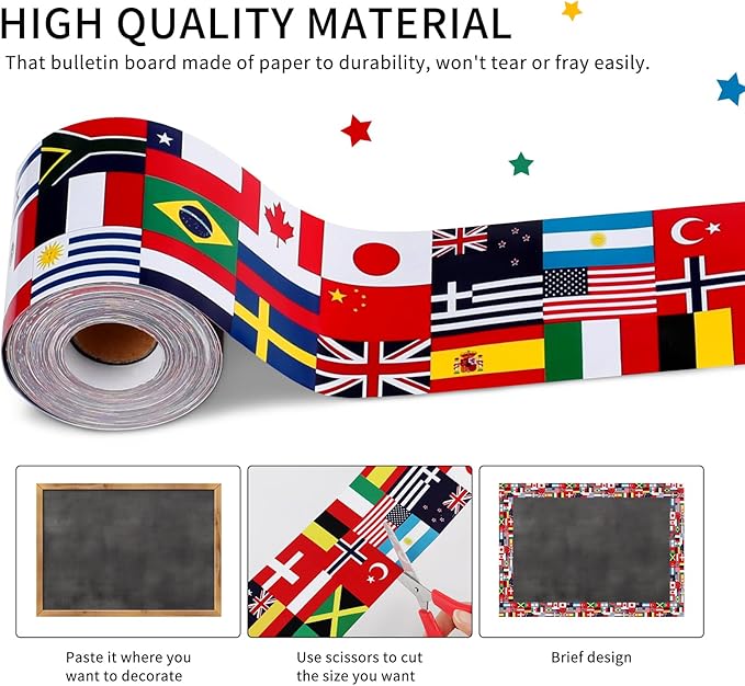 65 Ft International Flags Bulletin Board Borders, Diversity Country Flag Around The World Bulletin Board, Multicultural Decorations for Bulletin Board, Cork Board, Party, Classroom Decor