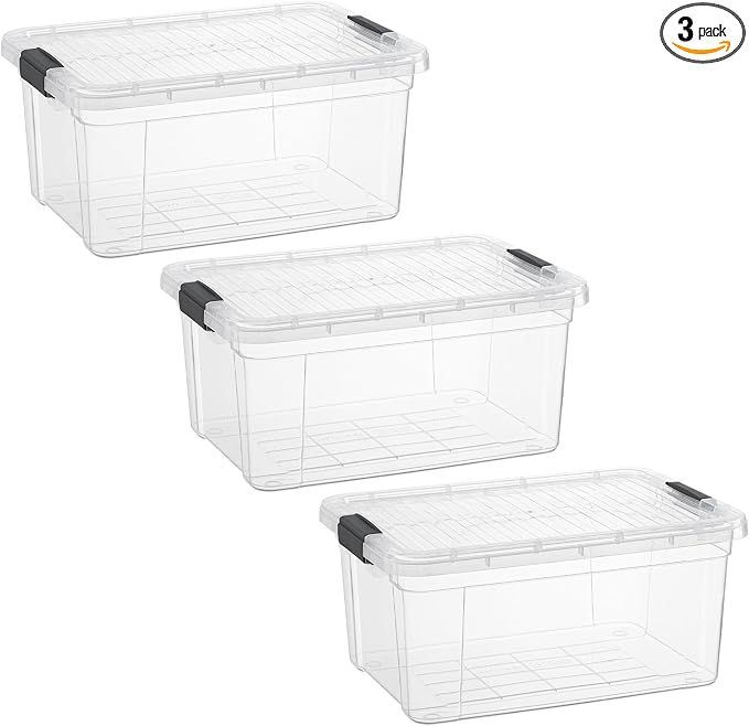 Superio Small Clear Plastic Storage Bin with Lid,Non-Toxic, BPA Free, Odor Free, Organizer Storage Box, Stackable Plastic Tote for Home, Garage, School, and Office (11 Quart, 3 Pack)