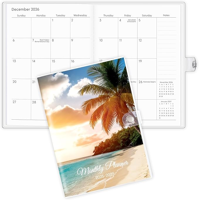 Monthly Planner 2025-2027, Monthly Calendar (July 2025 Until December 2027), 5.9'' x 8.4'', A5 Planner with PVC Cover, Perfect for Office, School Organizing Planning - Beach