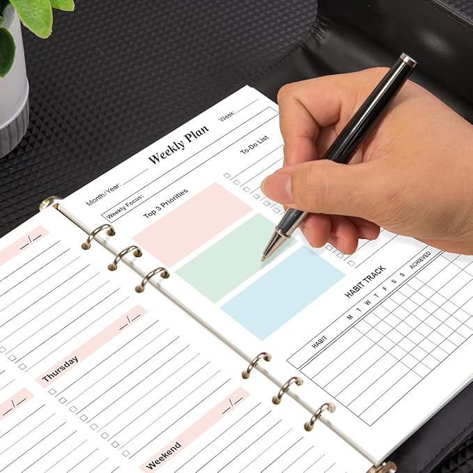 Weekly Planner Refills for A5 Binders - 53 Sheets/106 Pages Undated Colorful Weekly Planner, 6-Hole Punched, 100 gsm White Paper, Lasts 1 Year, Undated, 5.8" x 8.3"