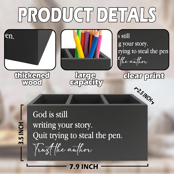Christian Inspirational Pen Pencil Holder Organizer for Desk, God Is Still Writing Your Story Bible Verse Religious Black Wooden Box Sign for Office Home Desk Tabletop Decorations