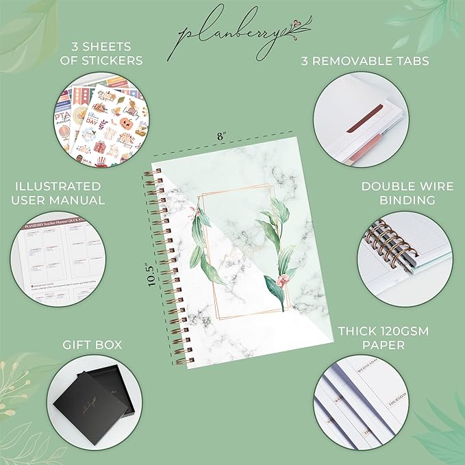 PLANBERRY Teacher Planner – Undated School Year Plan Book for Teachers with Calendars & Lesson Plans – Planner for Classroom Organization & Homeschool – 8”x10.5” Hardcover (Natural Green)