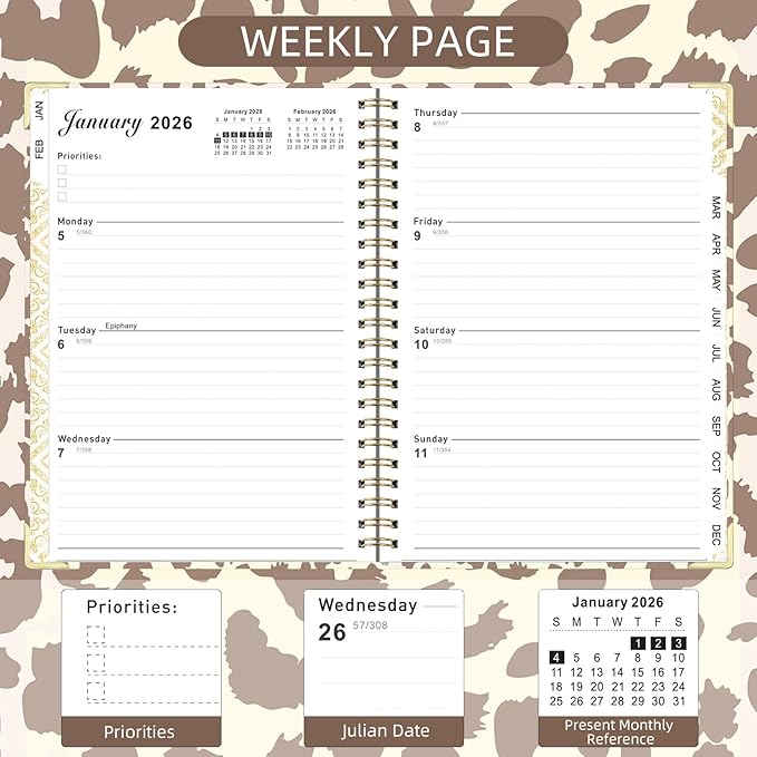 2026 Planner, Jan.2026 - Dec.2026 Planner Weekly and Monthly 6.25"x8.5" with Page Tabs, Calendar Hardcover with Inner Pocket, Elastic Band, Twin-Wire Binding, Bookmark, Brown Leopard