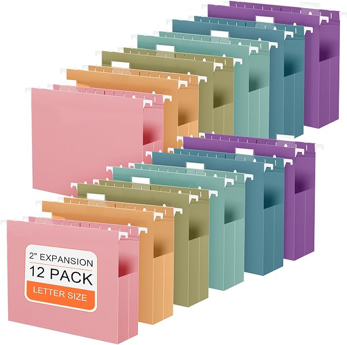 12 Pack Hanging File Folders Letter Size, 2" Pastel Expanding Pocket | 1/5-Cut Adjustable Tabs, Extra Capacity Plastic Hang Folders for Home Office, School Classroom, Assorted Colors