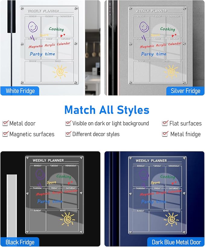 Clear Magnetic Acrylic Calendar for Fridge, bamandan Reusable Magnetic Fridge Calendar Dry Erase Board, 12x16 Inches Weekly Menu Board for Kitchen Fridge Includes 6 Colors Markers