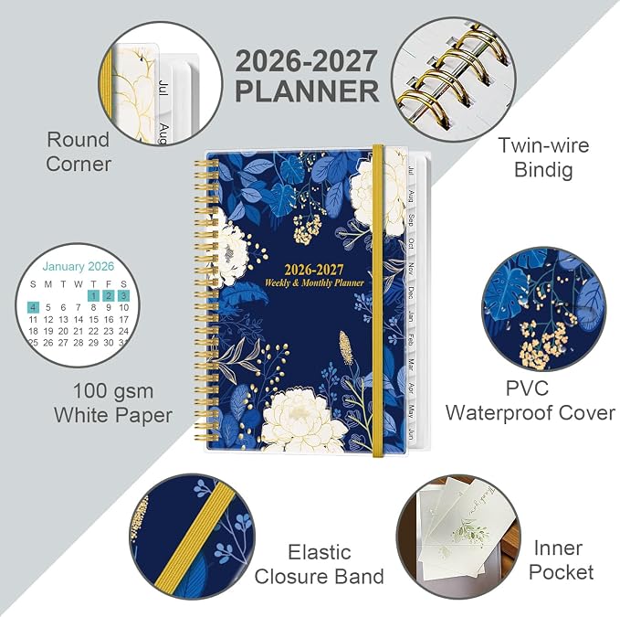 2026-2027 Planner - Planner 2026-2027 from July 2026 - June 2027, Weekly & Monthly Planner Spiral Bound with 12 Monthly Tabs, Inner Pocket, 6.4" x 8.5", Blue Flower