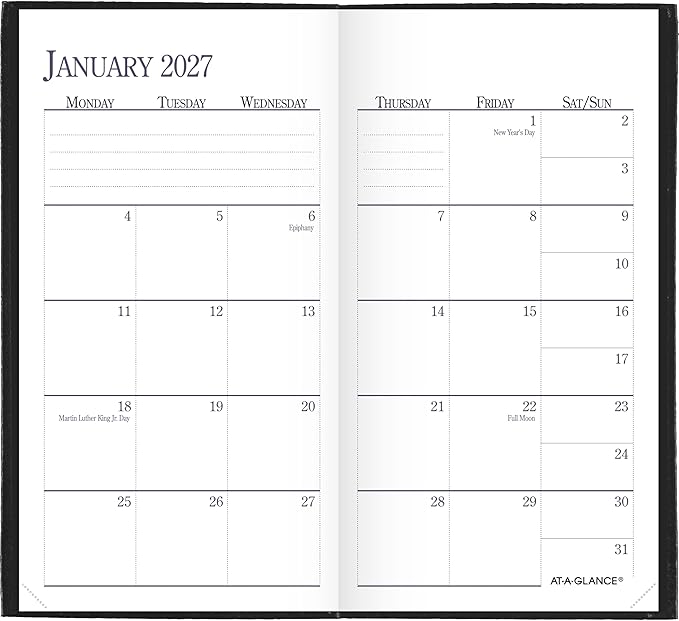 AT-A-GLANCE 2027 Planner, Weekly & Monthly, 3" x 6", Pocket Size Fine Diary, Faux Leather Hardcover, Black (72020527)
