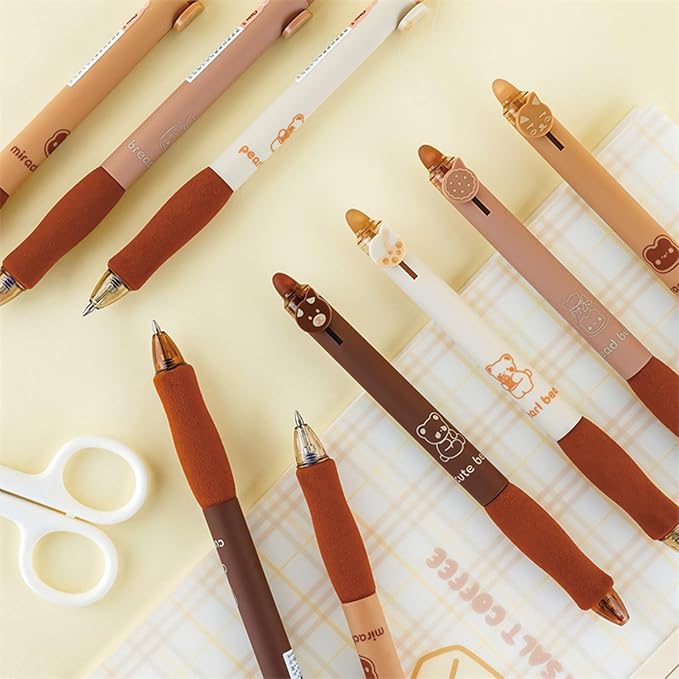 MOZXIRZ 4 Pcs Erasable Gel Ink Pens Retractable Pens Cute Bear Pens 0.5mm Fine Point Pen Office School Supplies Women Pen (Black Ink-Coffee Bear)