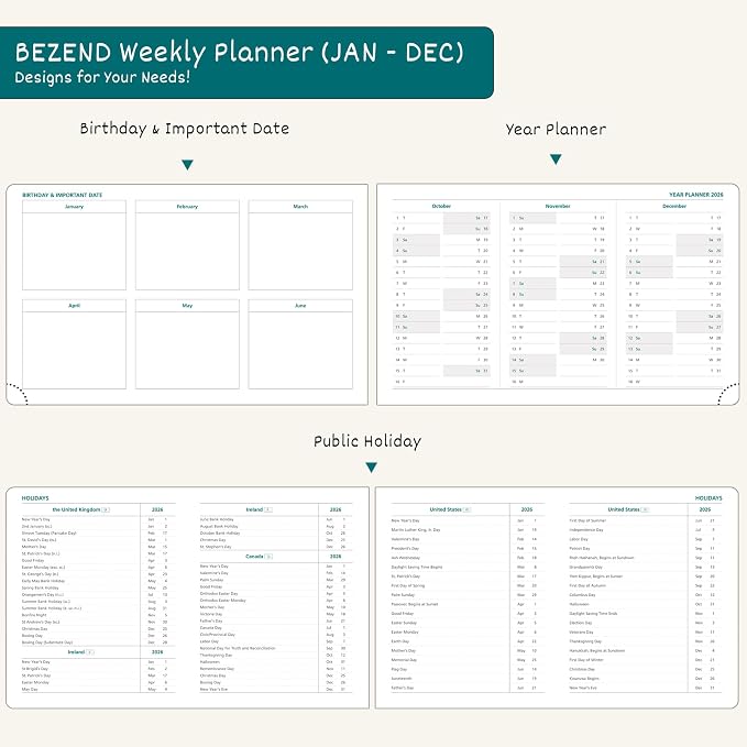 BEZEND 2026 Planner Weekly and Monthly (9" x 5.5") Calendar Book with Daily Vertical Timeslot & Note (Jan-Dec), Equal Space Even Weekends, Work Home Women, PU Leather Hardcover - Black