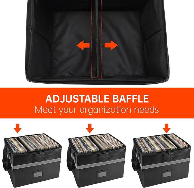 MEBRUDY Vinyl Record Storage Box with Lock, Fireproof & Water Resistant Album Storage for 150+ Records 12 inch, LP Storage Case with Adjustable Handle for Collectors, 16.7" x 13" x 13"