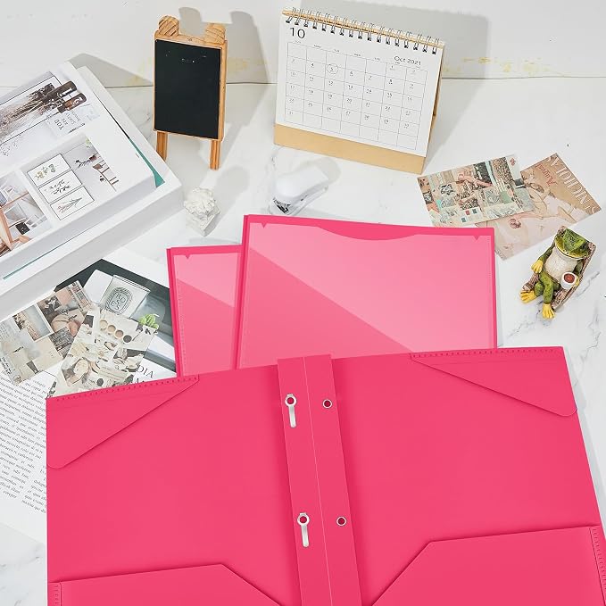 Henoyso 18 Pcs Plastic Folder with Clear Front Pocket and 3 Prong Plastic Folders with Card Slot Pocket Folders with Prongs for School Office (Rose Pink)
