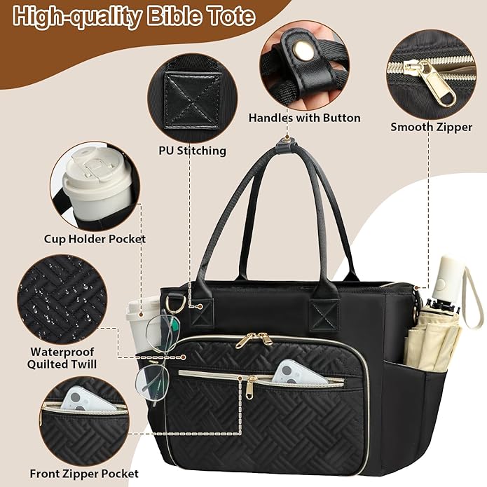 Veirdro Large Bible Tote Bag with Bible Cover Case for Women, Portable Church Bag with 13 Inch Laptop Compartment& 14 Pen Slots, Quilted Bible Purse with Shoulder Strap for Bible Study Supplies, Black