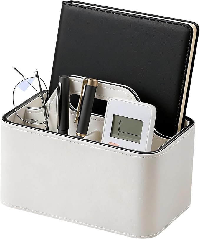 Caddy Organizer with Handle, PU Leather Remote Control Holder Desk Caddy, Portable Makeup Remote Organizer for Table, Nightstand, Office (Cream)