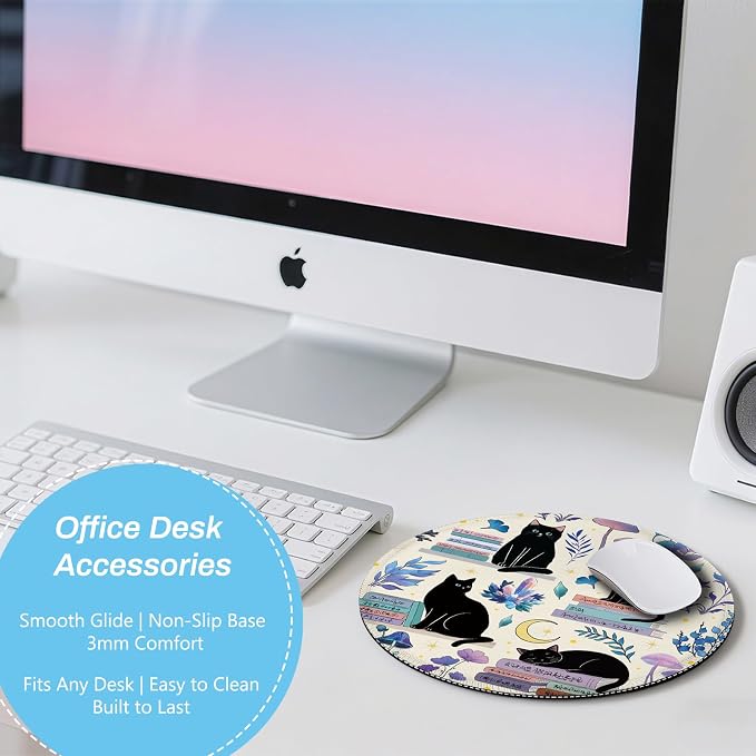 Gctriki Cute Black Cat Mouse Pad, 8.6" Round Funny Mousepad with Stitched Edge & Non-Slip Base, Comfortable Mouse Pads for Computer Laptop, Unique Office Decor & Home Desk Accessories Cat Book Lovers