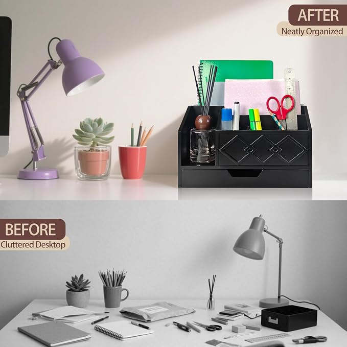 Black Wooden Mail Organizer with Drawer, Three Tiered Desk Accessories for Office Organization and Storage, Stylish Countertop Document Storage, Home/Office/Classroom Supplies (Black02)