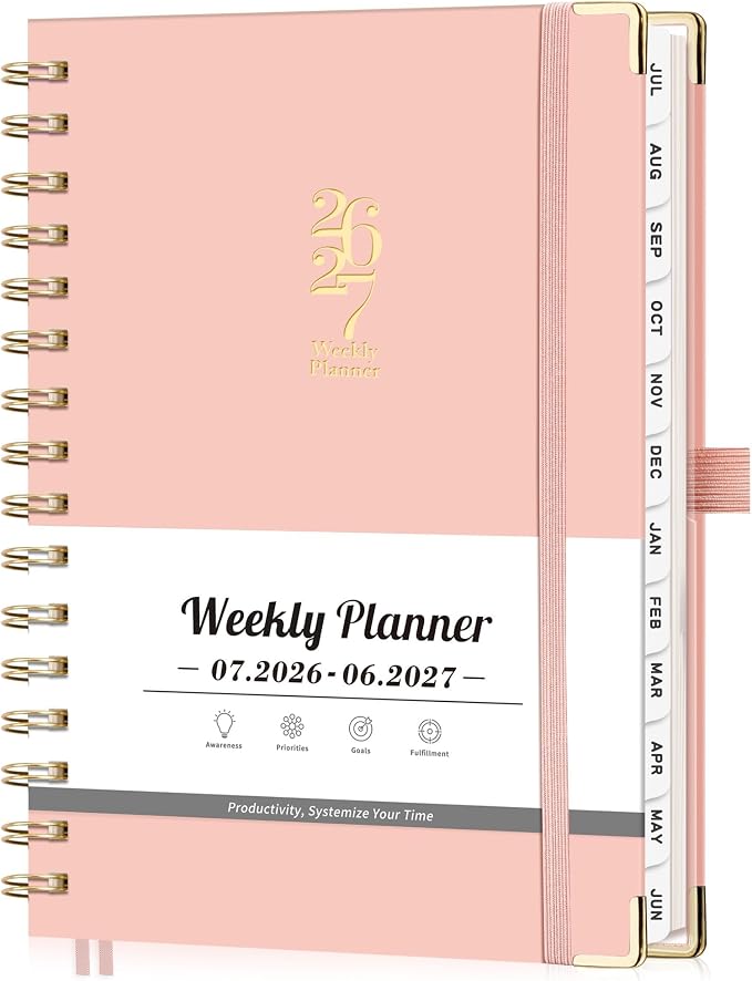 Academic Planner 2026-2027, Weekly and Monthly, A5 Size (5.7" x 8.3"), July 2026 - June 2027, Agenda 2026-2027 for Tracking, for School, Home, Office, Hardcover, 12-Month Tabs (Pink)
