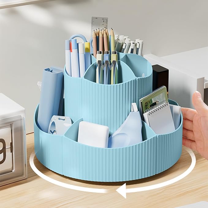Desk Organizer, 11 Slots 360-Degree Rotating Pencil Pen Holder for Desk, Desktop Storage Pen Organizers Stationery Supplies, Art Supply Storage Box Caddy for Office, Home (Blue)