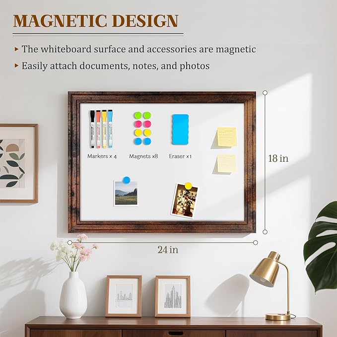 White Board for Wall, 24''x18'' Magnetic Dry Erase Board, Decorative Whiteboard with Brown Vintage Wooden Frame, Hanging Writing Board for Home Office School Dorm