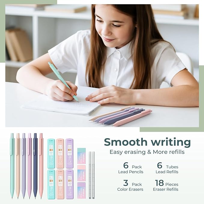 Nicpro 39 PCS Aesthetic School Supplies with Cute Pencil Case, 12 Color Pastel Highlighters, 5 Quick Dry Retractable Black Ink Pens, 6 Pastel Mechanical Pencil 0.5 & 0.7 mm for Student Stationary