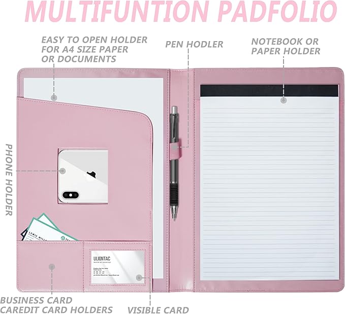 Leather Portfolio Folder Padfolio, Business Padfolio Organizer Document Planner Portfolio Binder Storage Pocket for Legal Pad Holder Paperwork Phone Men Women (Pink)