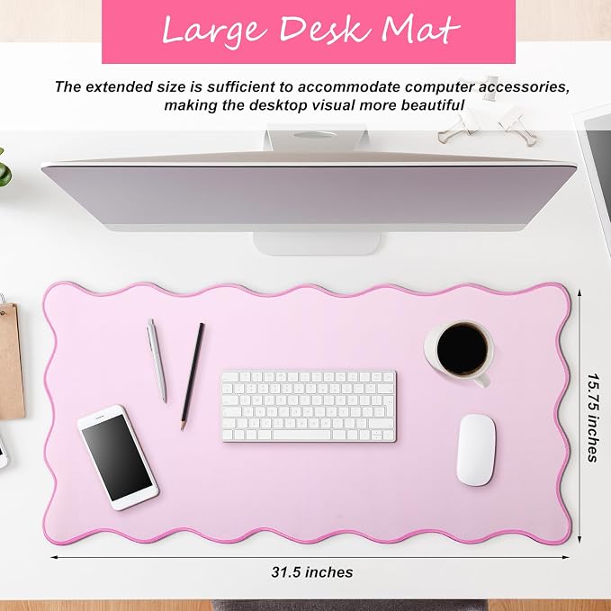 Hahafelt Scalloped Desk Mat Large Desk Pad Cute Coquette Table Mat Back to School Preppy Table Make up Pad Nonslip Graduation Gift with Stitching Waterproof Gaming(Pink,31.5 x 15.8 Inches)