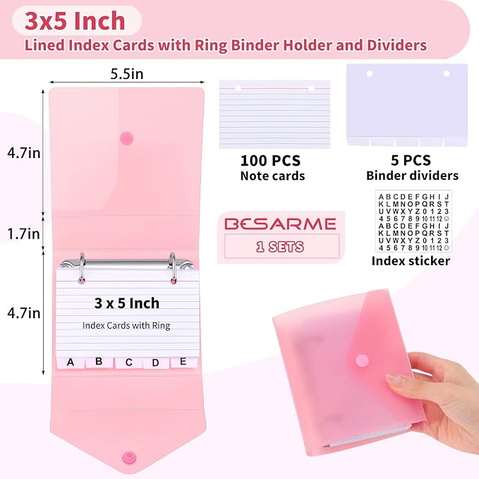 3x5 Index Card Binder, Index Cards with Ring and Dividers - 100 Lined Page Index Card Organizer Case with Snap Closure for Study, Recipe Cards, Office Use(red)