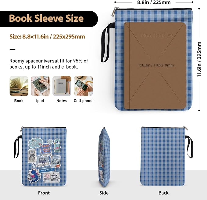 The Fourth Wing Blue Checkered Collage Style Book Covers for Book Lovers with Handle Pocket, Book Club Gifts for Chritsmas, Reading Accessories for Women Friends Reader Bookish