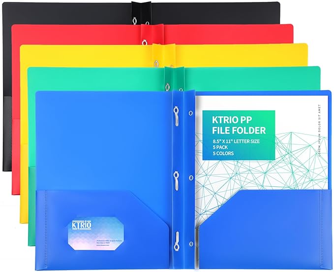 KTRIO 5 Pack Plastic Pocket Folders, 3 Prong, Letter Size, 5 Bright Colors | 3 Prong Fasteners, 2 Pocket Storage, Business Card Slot, Water-Resistant PP, School Office Use