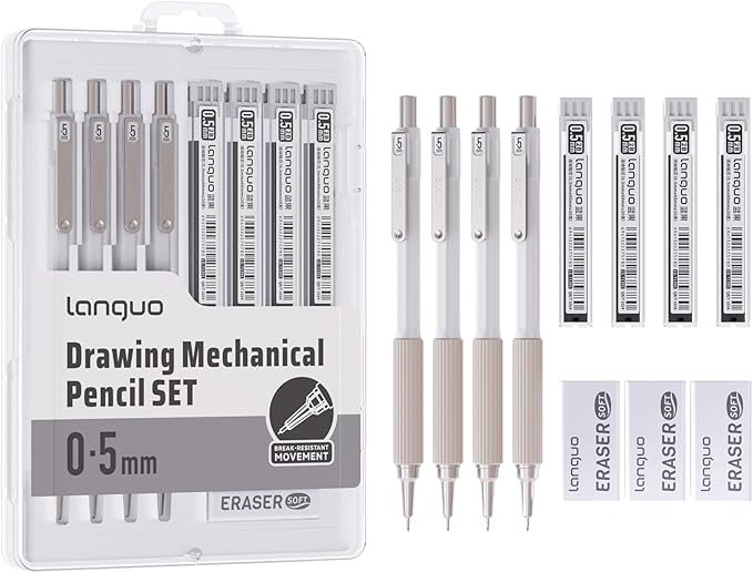 languo 0.5mm Mechanical Pencil Set with Case, 4PCS Drafting Mechanical Pencils Kit – 4 Tubes 2B Lead Refills, 3 Erasers, Ideal Pencil Set for Writing & Drawing