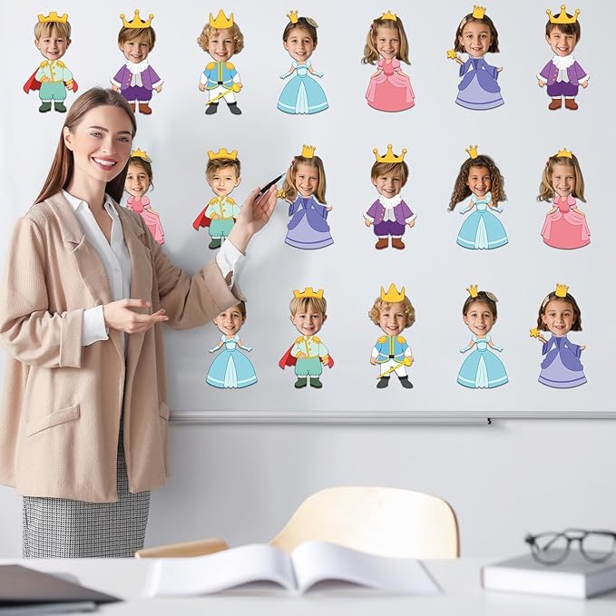 48Pcs Princess and Prince Crown Cutouts Bulletin Board Decorations Gold Crowns Paper Cut Outs DIY Photo Picture Craft for Kids Kindergarten Party Home Wall Back to School Classroom Birthday Supplies