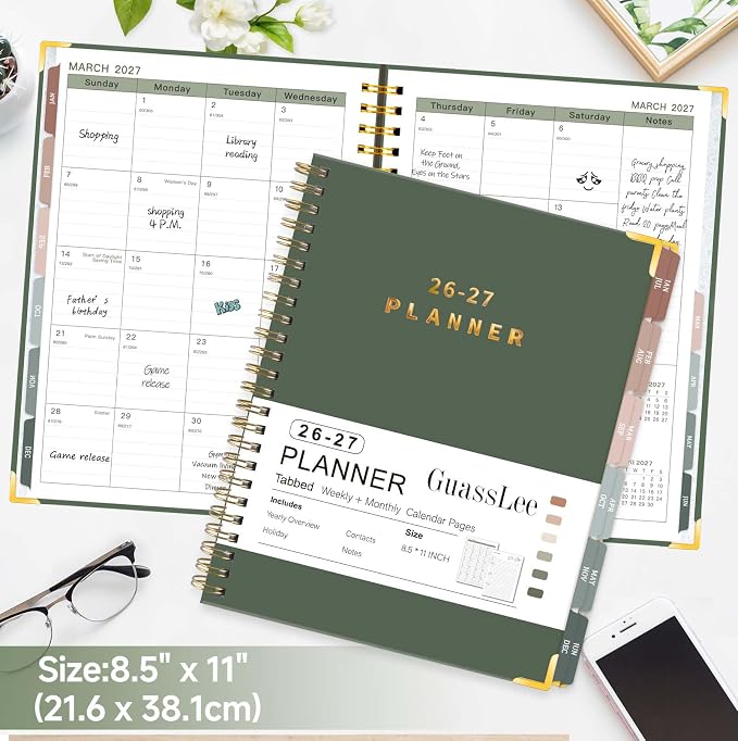Large 2026-2027 Academic Planner - Hardcover Daily Planner from Jul. 2026-Jun. 2027 - A4 Weekly & Monthly Calendar Agenda Organizer Book with Stickers, Back Pocket, Coated Tabs - 8.5"x 11", Dark Green
