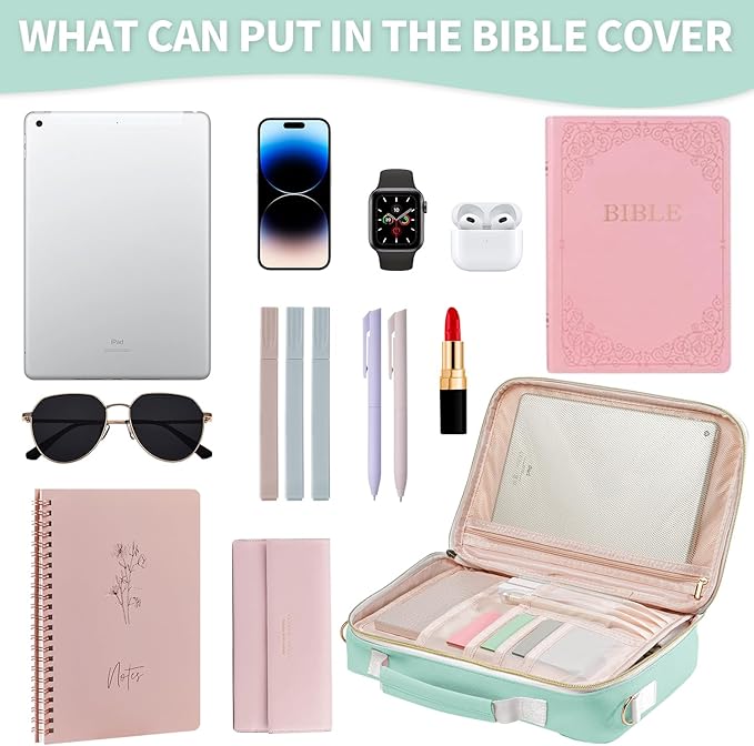 KOPKOFT Bible Cover Case for Women, Large Chenille Letter Leather Bible Case with Bible Study Accessories, Bible Study Supplies Bible Journaling Kit, Christmas Christian Gift for Women Girls (Green)