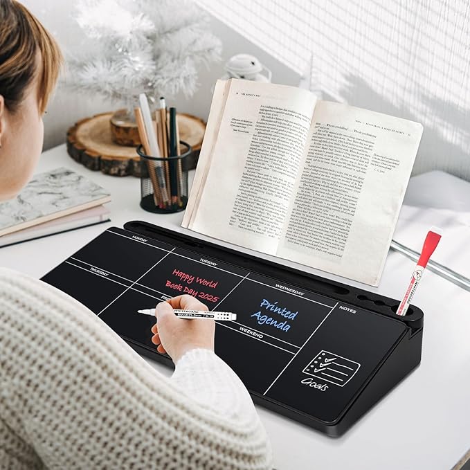 DOLLAR BOSS Glass Desk Whiteboard Calendar Small Dry Erase Board Desktop White Board with Storage Drawer Computer Keyboard Stand Desk Organizer, Weekly Calendar, Black